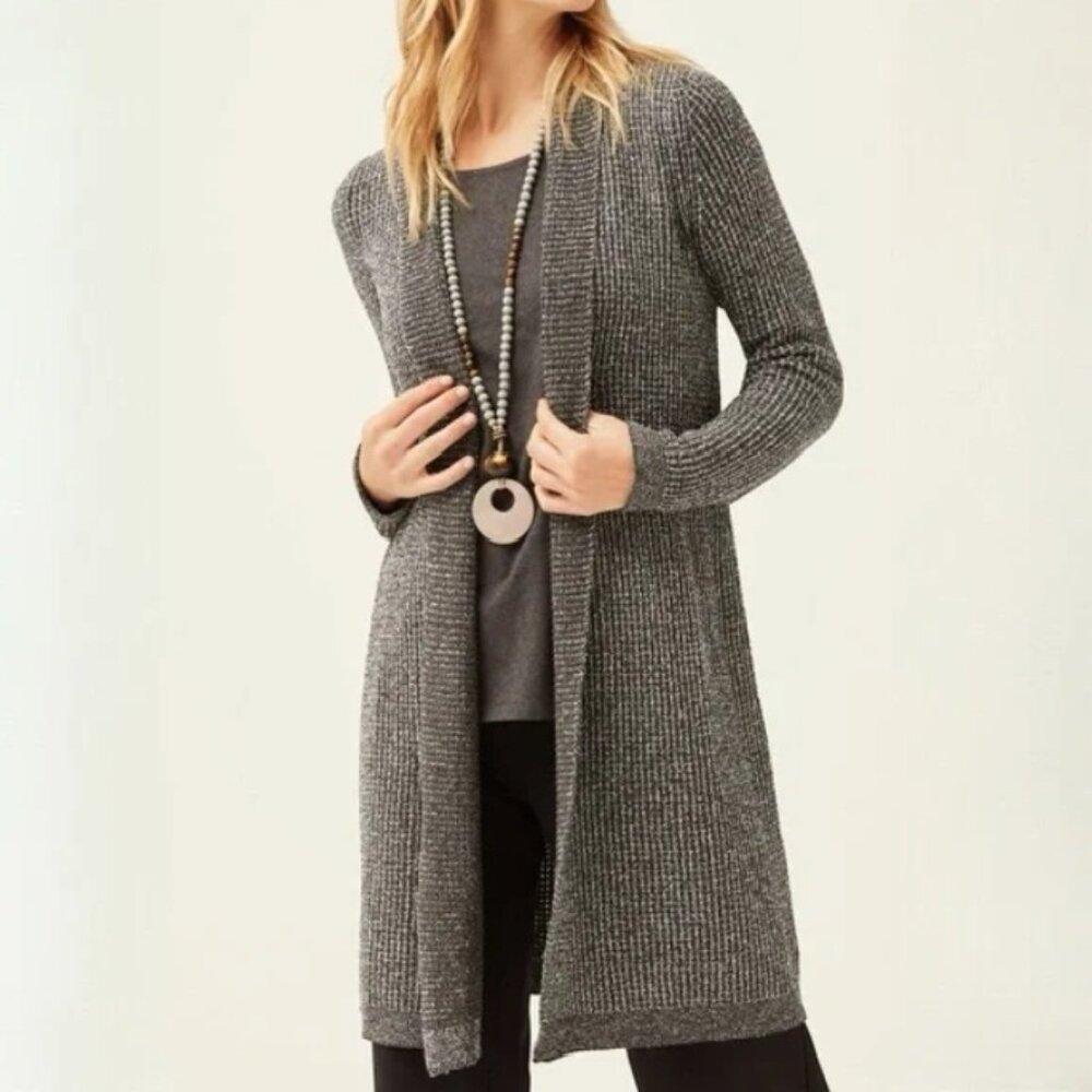 J Jill PURE JILL Tonal Textured Open Front Cardigan, Charcoal Grey, XL Tall